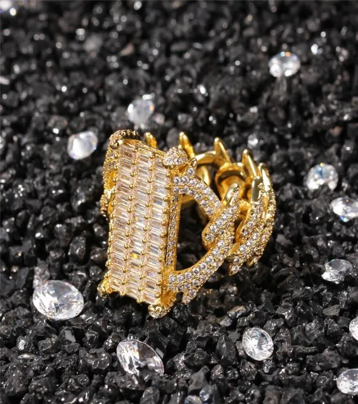 Anillos chapados en oro de 18 quilates con piedra CZ Iced Out Cool Hiphop Ring Diseño de marca Joyería de lujo Hip Hop Anillos de racimo de Dimaond completo5700510