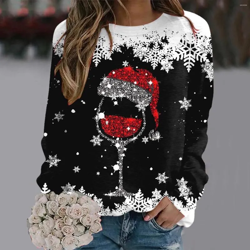 Women's Hoodies Christmas Sweaters Women Xmas Wine Cup Long Sleeve Sweatshirt Cute Reindeer Graphic Year Ladies Pullovers Female Coat