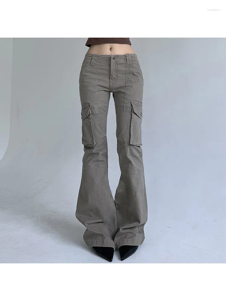 Pantaloni da donna 2024 Vintage Grigio Cargo Grandi Tasche Cucite A Vita Bassa Donna Casual Y2k Grunge Pantaloni Donna Streetwear Capris