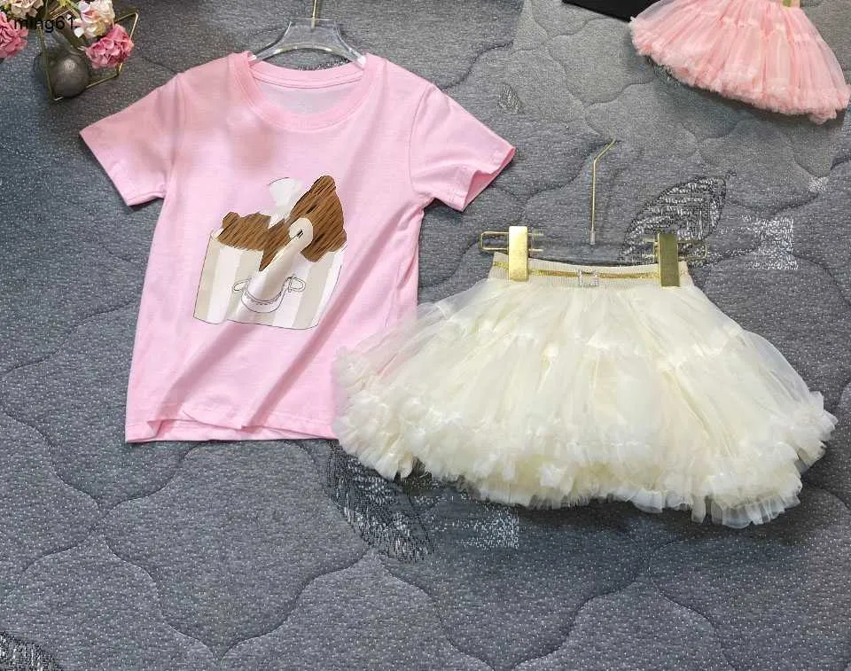 Brand baby Tracksuits summer kids designer clothes Size 90-140 Cartoon print Short sleeved girl T-shirt and lace skirt Dec05