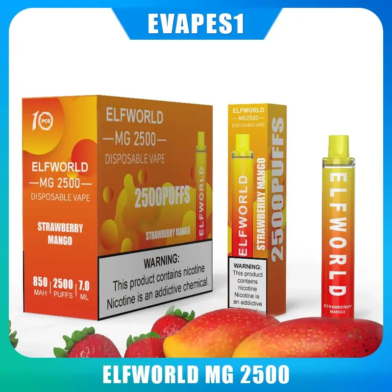 Original ELFWORLD MG 2500 Puffs Dispositivos descartáveis e-cigarros Vape com 7ml Pré-preenchido 850mAh Bobina de malha de bateria 10 sabores disponíveis VS Vapme Brisk 2500 Zooy 2800