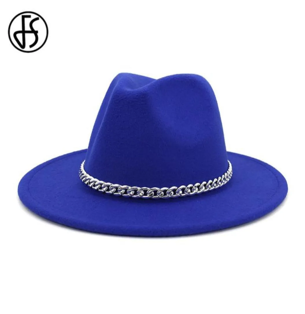 FS Frauen Fedora Wollhut Herbst Winter Gentleman Triby Filzhüte Für Männer Mode Königsblau Gelb Jazz Hüte Mit Kette CX2008199041111