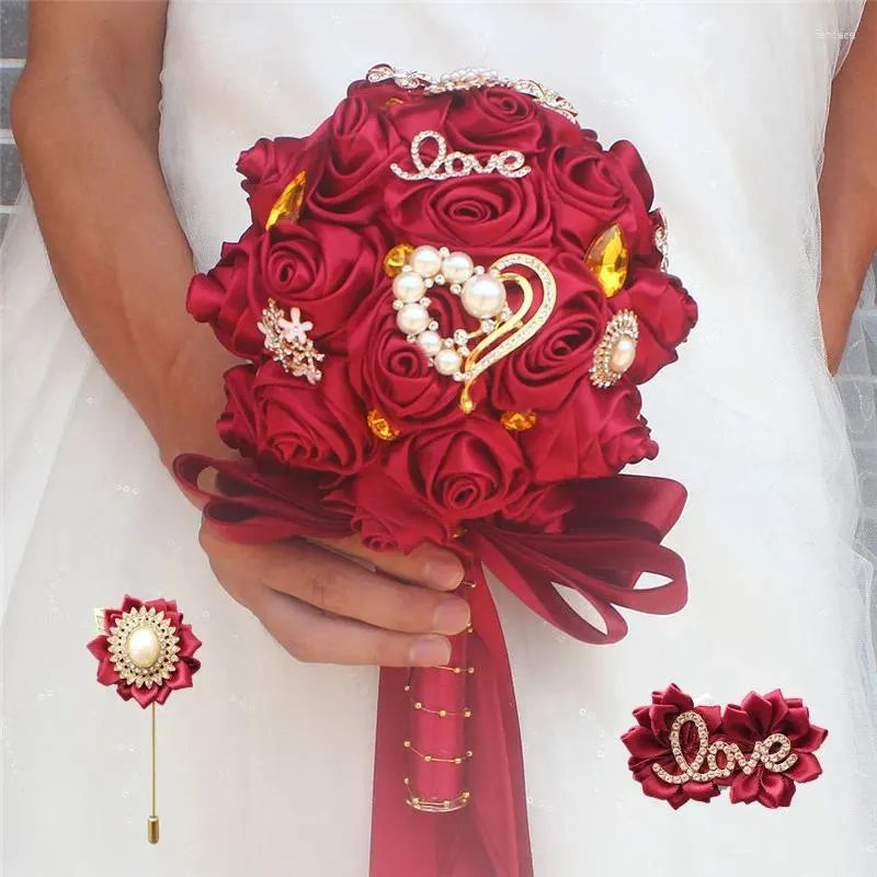 Fleurs de mariage (fleur de poignet et boutonnière), Bouquet de strass dorés, broche en diamant scintillant, ensemble de mariée