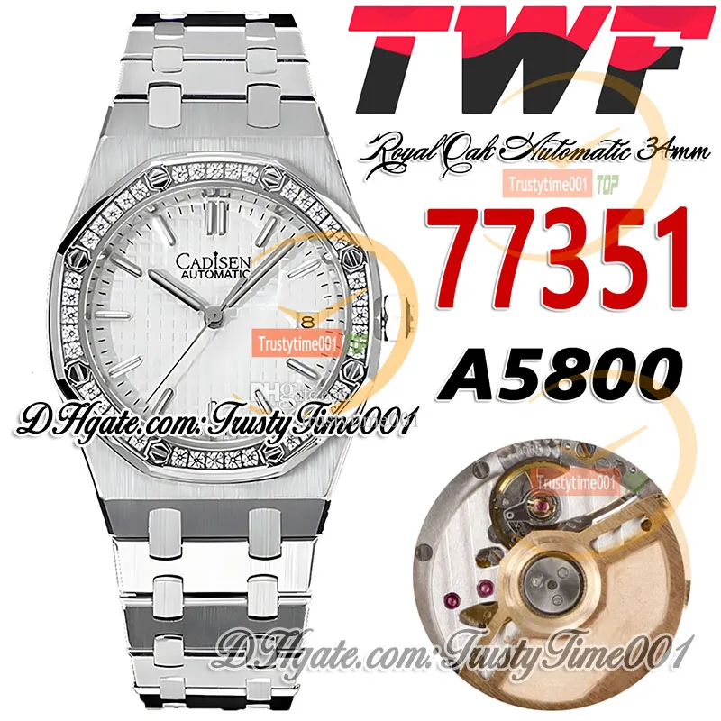 TWF 34mm 77351 A5800 Relógio automático feminino 50º aniversário moldura de diamantes mostrador branco texturizado pulseira de aço inoxidável super edição relógios femininos trustytime001