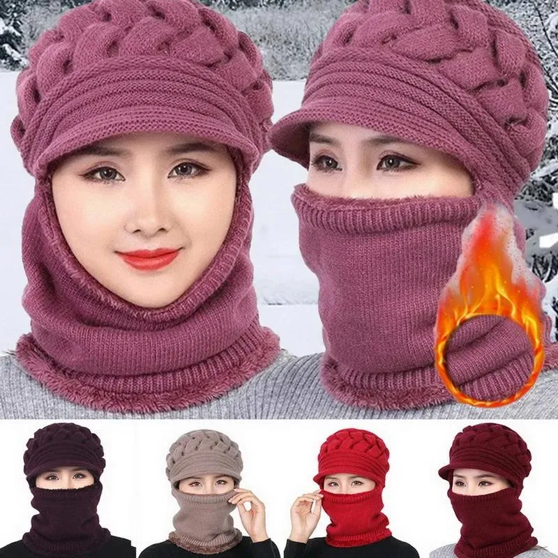 Berets Scarf Warm Breathable Wool Knitted Hat For Women Double Layers Protection Caps Coral Fleece Winter Beanies Women's