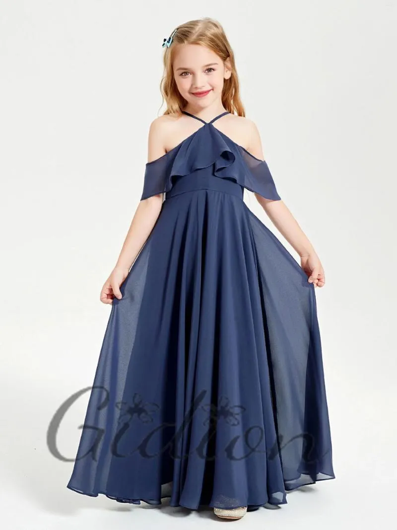 Meisjesjurken Chiffon Off-the-shoulder Vloerlengte Fladdermouwen Feest Schoolfeest Bal Banket Lang Junior Bruidsmeisje Voor 2-14jr Meisjes