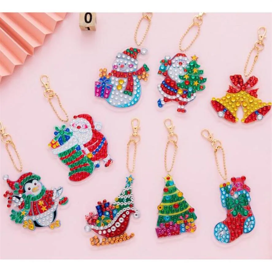 Porte-clés peinture diamant de noël à faire soi-même, 8 pièces, pendentif, perceuse complète, broderie diamant en forme spéciale, décoration de sac pour femmes, cadeau de noël 2290U