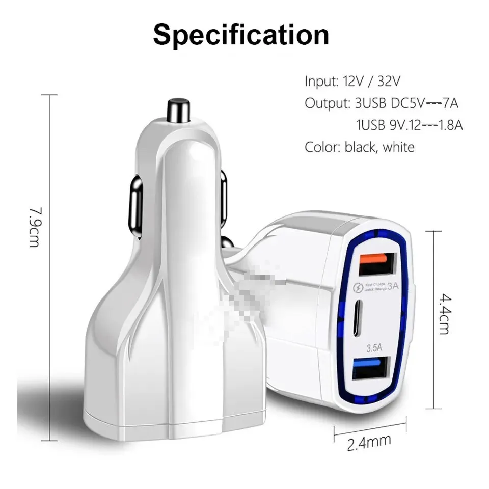 35W 7A 3 Ports Car Charger Type C och USB Charger QC 3.0 med Qualcomm Quick Charge 3.0 Teknik för mobiltelefon GPS Power 12 LL