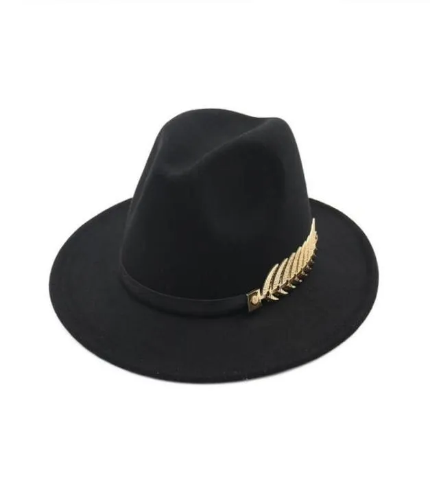 Fedora Hoed Mannen Voor Vrouw Wollen Top Britse Stijl Bladgoud Veer Jazz Goth Hoeden Designer Bruiloft Brede Brim3197678