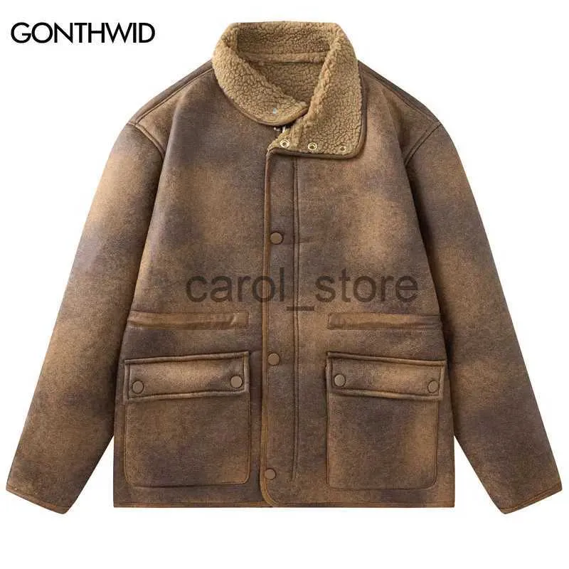 Men's Jackets Vintage Leather Lamb Wool Jacket Y2K Retro Washed Waterproof Thick Warm Winter Fleece Jackets 2023 Harajuku Coats Brown Black J231115