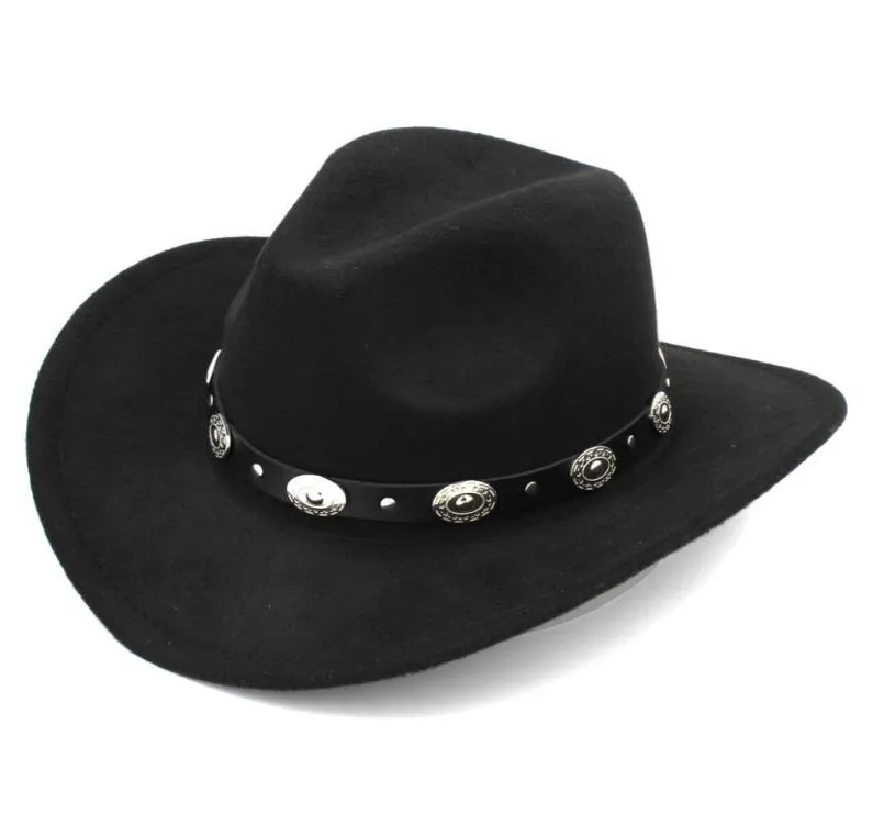 Cappello da cowboy occidentale moda donna con visiera arrotolata in feltro da cowgirl, sombrero con cintura in pelle borchiata9249127