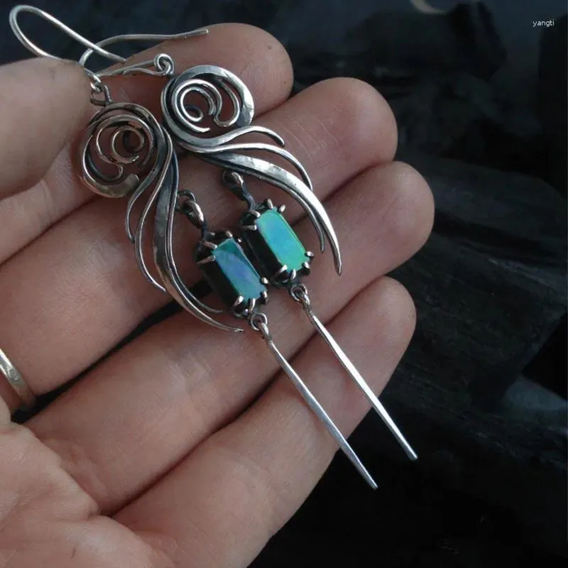 Pendientes colgantes de circonita para mujer, aretes de Color azul y verde, Metal hueco hecho a mano, Retro, joyería de moda 2023