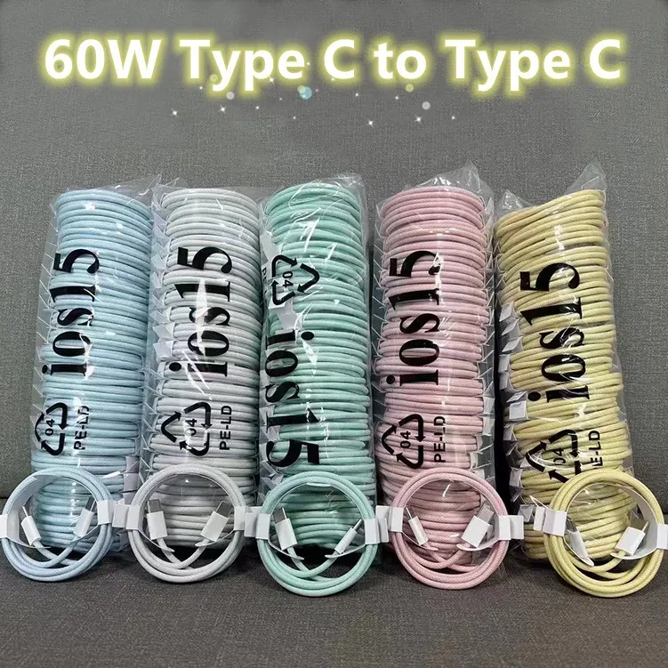 Quality Quick 60W PD Cables USB Type C Type-C laddningsdata Line Macaron Color 1M Kabel för iPhone 15 Pro Max Samsung Huawei Xiaomi Android-telefoner MQ500