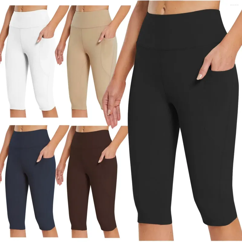 Pantaloni attivi in cotone Yoga per donna Petite pantaloncini corti a vita alta con tasche 3