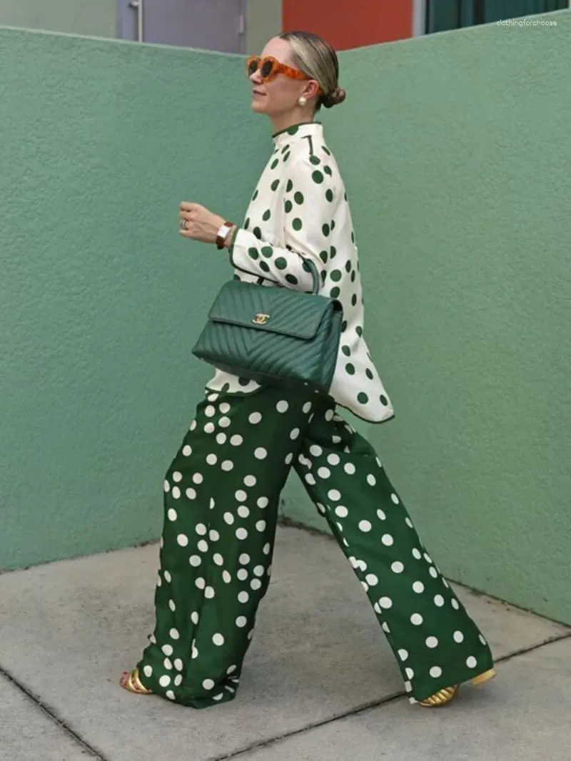 Kvinnors byxor Lemongor Korean Fashion Polka-Dot Elasticitet Midja bred ben 2023 Spring Summer Casual Green Trousers for Women