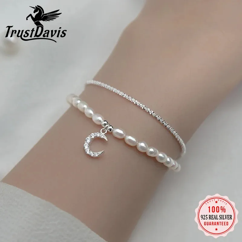 Beaded TrustDavis Luxury 925 Sterling Silver Double Layer Freshwater Pearl Moon Chain Bracelet for Women Valentine's Day Jewelry DA2493 231208