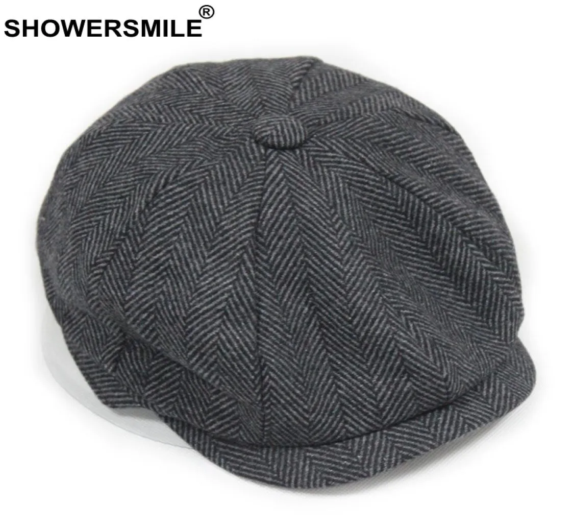 SHOWER Black Grey Wool Hat Man Newsboy Caps Herringbone Tweed Warm Winter Octagonal Hat Male Female Gatsby Retro Flat Caps S10207700097