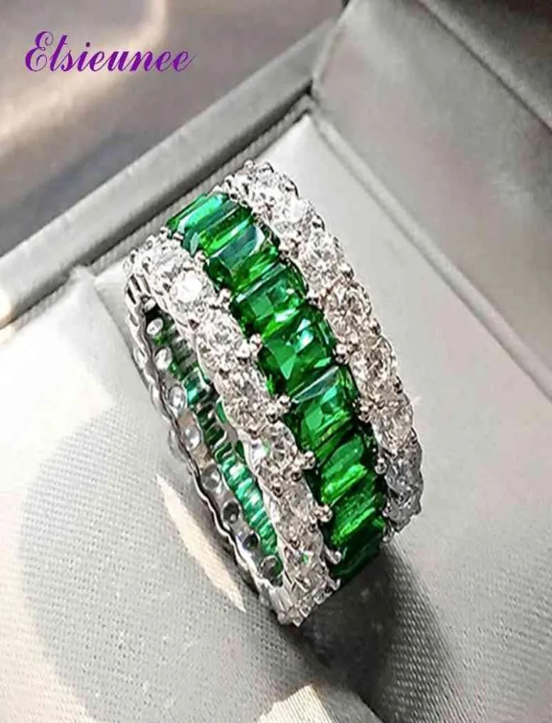 ELSIEUNEE 100 925 Sterling Zilver Gemaakt Moissanite Emerald Edelsteen Ring voor Vrouwen Verjaardag Cocktail Party Fijne Sieraden 21031327359