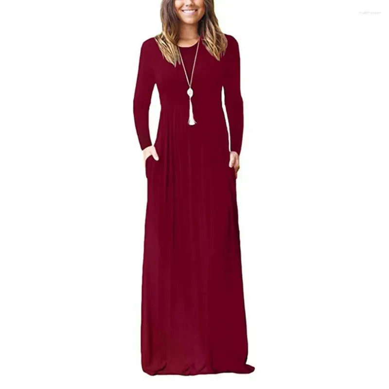 Casual jurken Pocket Maxi-jurk Elegant enkellengte met geplooide zakken met lange mouwen voor dames Zachte ademende effen kleur Herfst