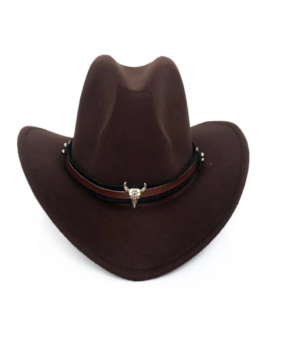 Bred Brim Western Cowboy Hat Men Women Wool Felt Fedora Hats Leather Ribbon Bull Head Band Panama Cap5124090