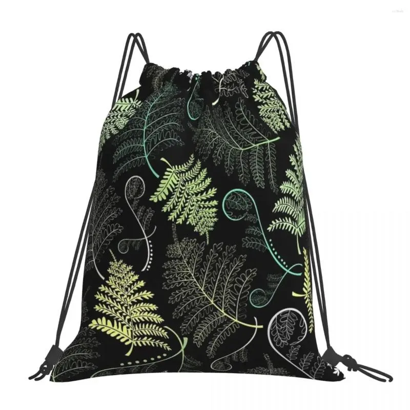 Backpack Green Fern Leaves On Black Background Backpacks Fashion Portable Drawstring Bags Bundle Pocket Sports Bag Book