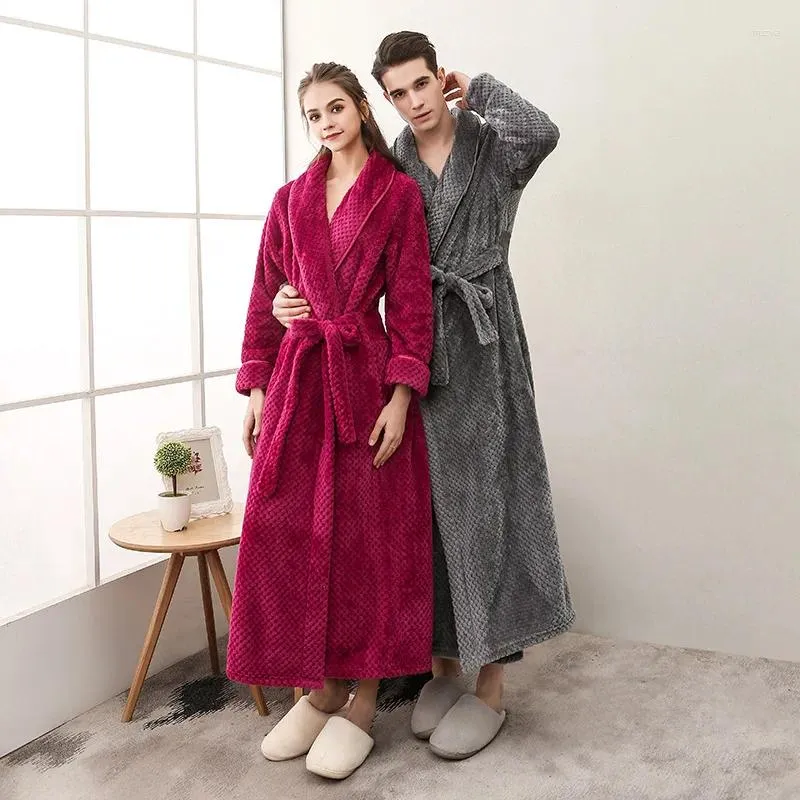 Amoureux de vêtements de nuit pour hommes Hiver Épais Chaud Flanelle Peignoir Hommes Extra Long Kimono Peignoir Femmes Doux Comme Robe De Chambre En Soie Pour La Nuit Des Hommes