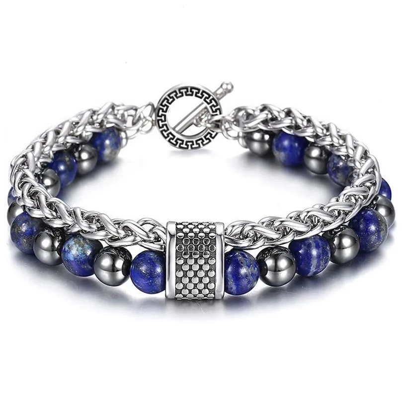 8MM dubbele lagen steen kralen armband voor mannen jongens Lapis Lazuli hemitaat metalen lavasteen roestvrijstalen kabelketting TBX00109 Y265c