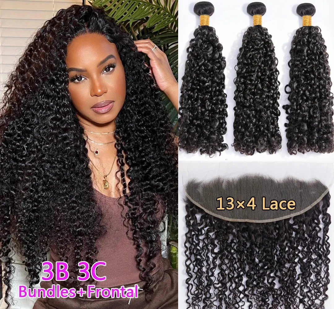 Synthetische Perücken Brasilianische 3B 3C Spiralen Lockige Bundles mit Frontal 10A Pixie Curl Reines Menschenhaar Kinky Curly Weave mit Verschluss 231211