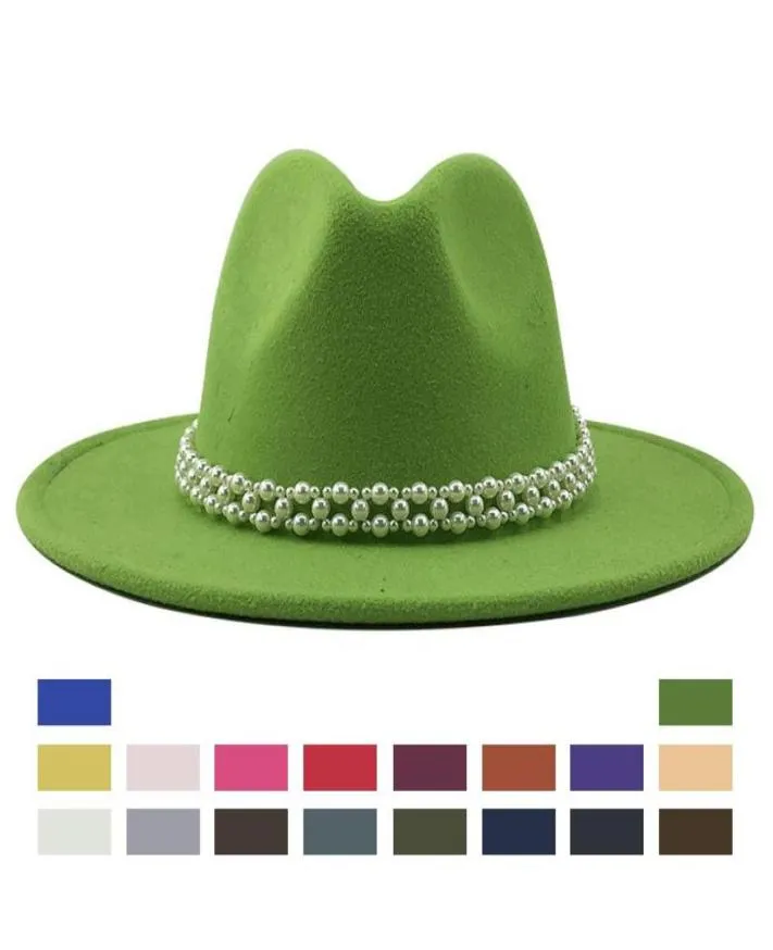 2020 sombreros Fedora de fieltro de lana de imitación de ala ancha para mujer, sombrero de fiesta a la moda para mujer, sombrero con cinta con perlas, decoración blanca Hat9439439