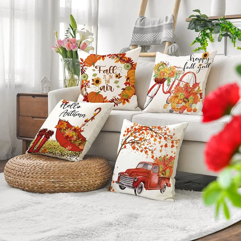 Thanksgiving Fall Pumpkin Pillowcase Autumn Linen Decor Cushion Cover for Sofa Couch Bed Car 45x45cm