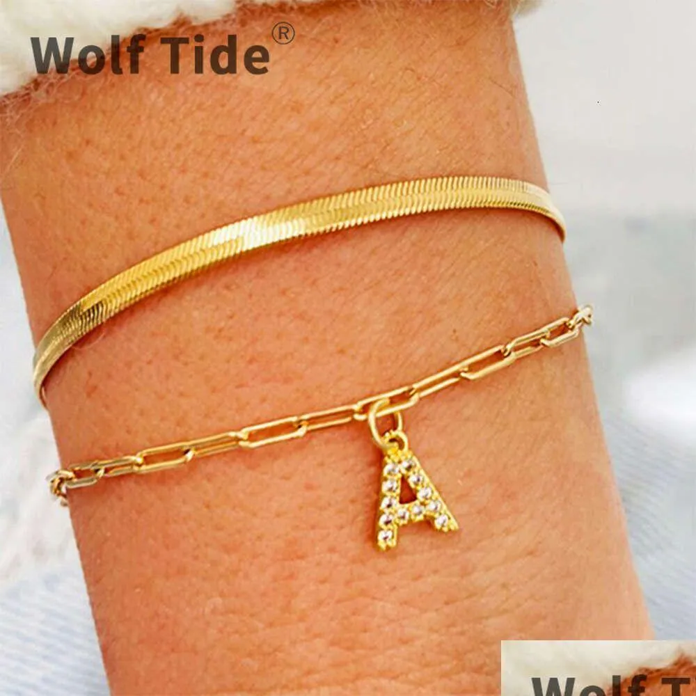 Bracelets de charme 26 A-Z Lettre Anglaise Pendentif Bracelet Glacé Zircone Cubique Lettres Initiales Femmes Mode Géométrique Lien Chaîne H Dh2Hx