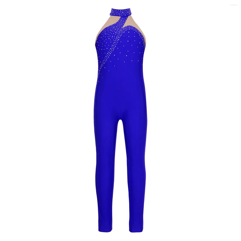 Abbigliamento da palcoscenico Bambini Ragazze Pattinaggio di figura Costume Balletto Danza Ginnastica Acrobazie Body Dancewear Body senza maniche in rete con strass