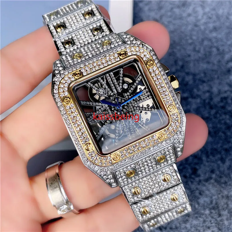 Tanie szkieletowe tarcze ogląda najnowszy męski zegarek hip -hopowy w sier case loded Out Large Diamond Bezel Quartz Ruch Na rękę