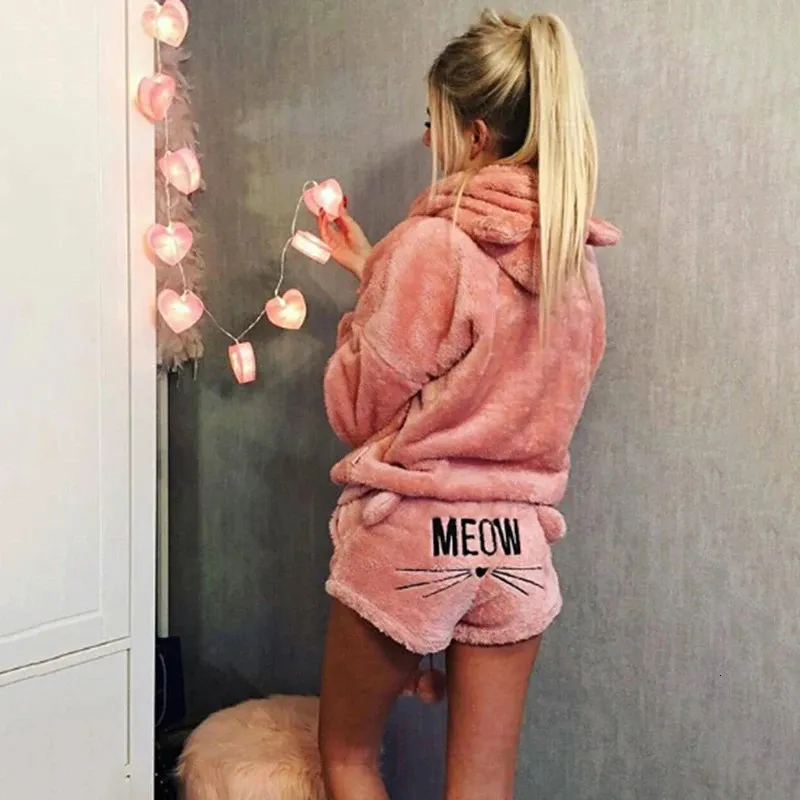 Sexy pijama coral veludo pijamas conjunto outono inverno quente duas peças sleepwear bonito gato meow padrão hoodies shorts 231211