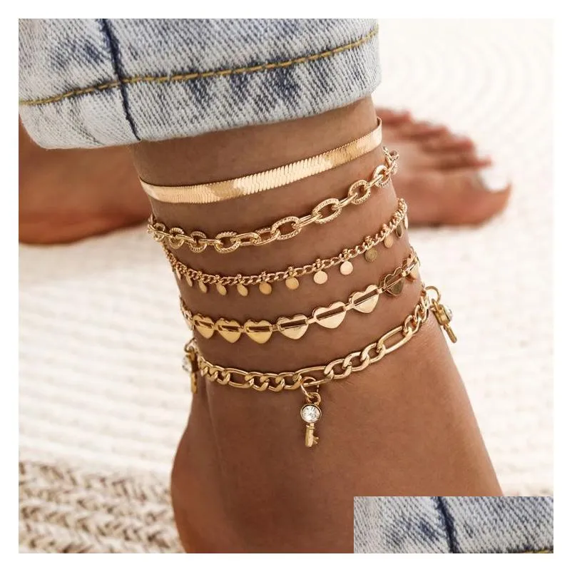 Anklets punk ihålig kärleksskivor ormformad kedja med strass anklet nyckel tassel 5 stycken uppsättning fot smycken droppleverans dhfpq