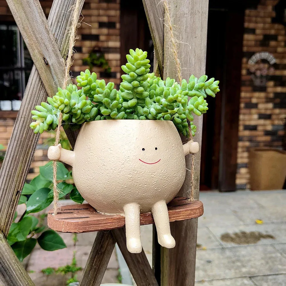 Planters Pots Flower Pot Wall Planter Swing Face Resin Smiling Creative Hanging Head Garden Accessories 231211
