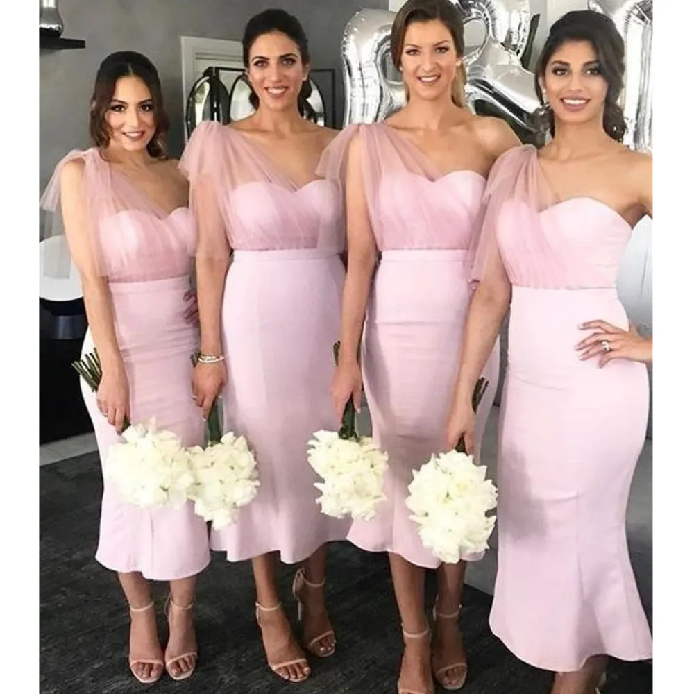 Roze Plus Size Bescheiden Zeemeermin Mouwloze Bruidsmeisjesjurken Eén schouder Gast Vestido De Novia Op maat gemaakte vrouwen Formele kleding YD 328 328