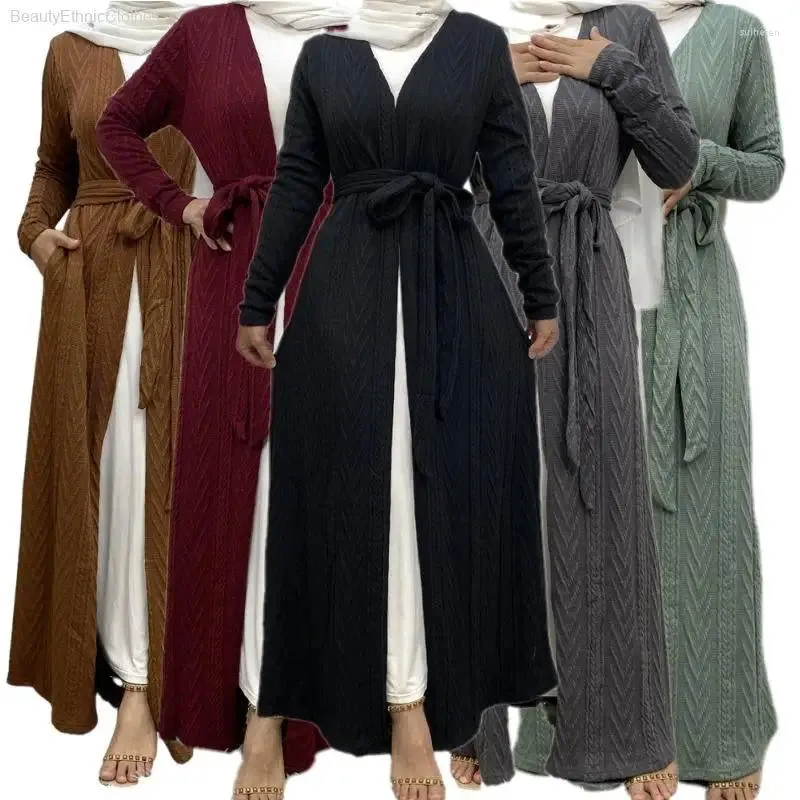 Ethnische Kleidung Muslimische islamische dicke Strickjacke Mantel für Frauen vorne offen gestrickt Abaya Kaftan Winter warme Robe bescheidene Pullover Kleid S-2XL