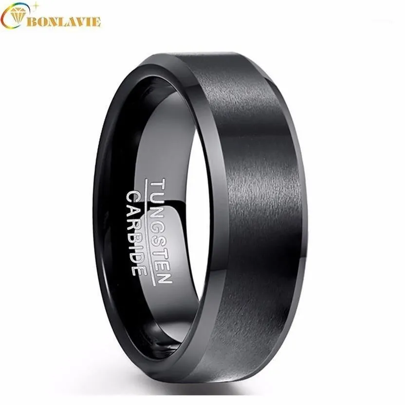 BONLAVIE, anillo clásico Vintage para hombre, joyería de 8mm de ancho, anillo de acero de tungsteno negro chapado pulido para hombre, regalo de boda para hombre 12060