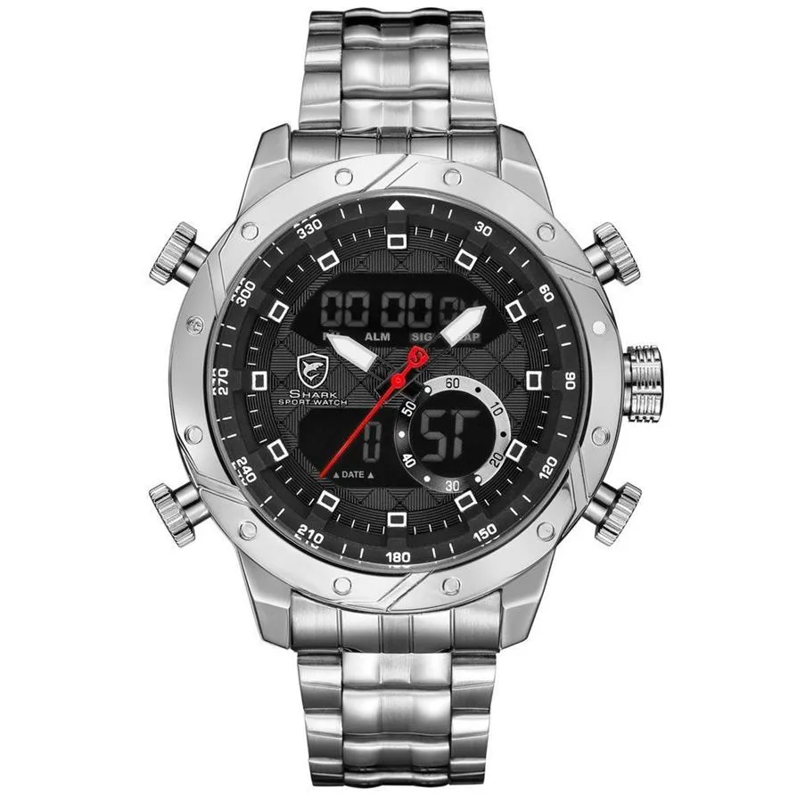 Snaggletooth Shark Sport Watch LCD Auto Date Alarm Steel Band Chronograph Dual Time Men Relogio Quartz Digital Wristwatch SH589 Y325C