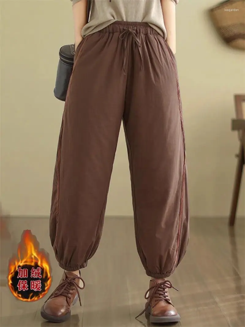 Pure Cotton Winter Drawstring Pants For Women Retro Style, Warm