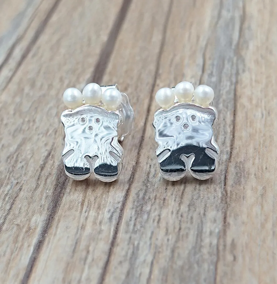 Real Sisy Bear Earrings Stud With Pearls Bear Jewelry 925 Sterling Fits European Style Gift Andy Jewel 8124536904379620