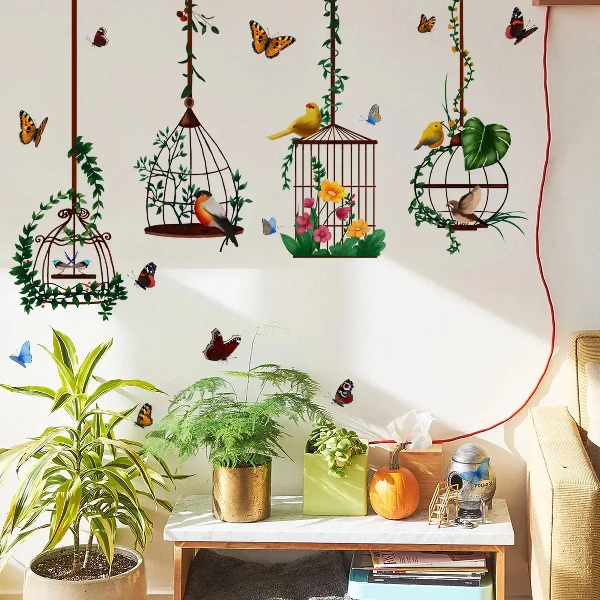 Adesivos de parede borboleta gaiola de pássaro casa decoração de jardim sala de estar quarto papel botânico decalque casa decoração interior 231211