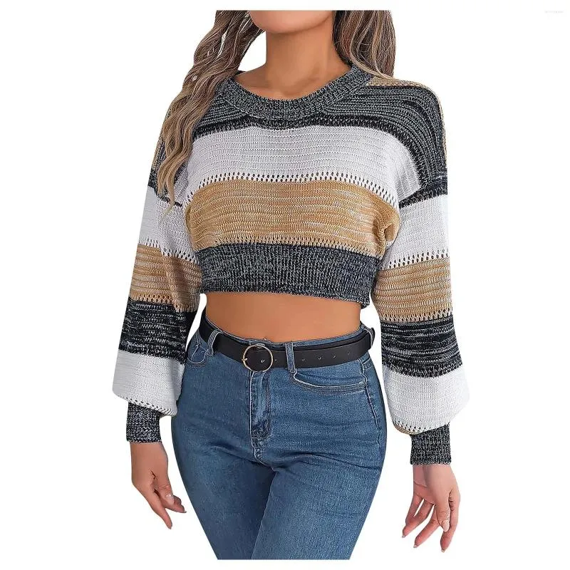 Women's Sweaters 2023 Autumn Winter Women Long Sleeve Round Neck Color Block Knit Crop Sweater Fashion Femme Pull Knitwear Clothes Pullovers