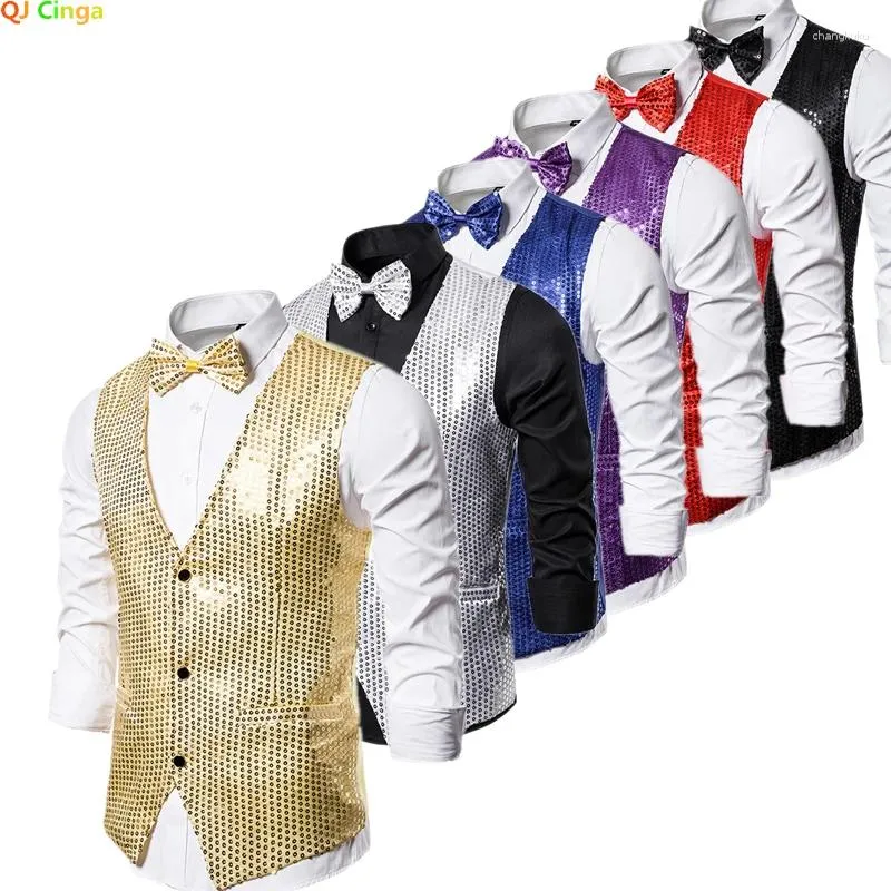 Gilet da uomo 2023 Gilet con paillettes oro Cappotto monopetto con scollo a V senza maniche Gilet per feste di nozze Argento Blu Viola Rosso Top