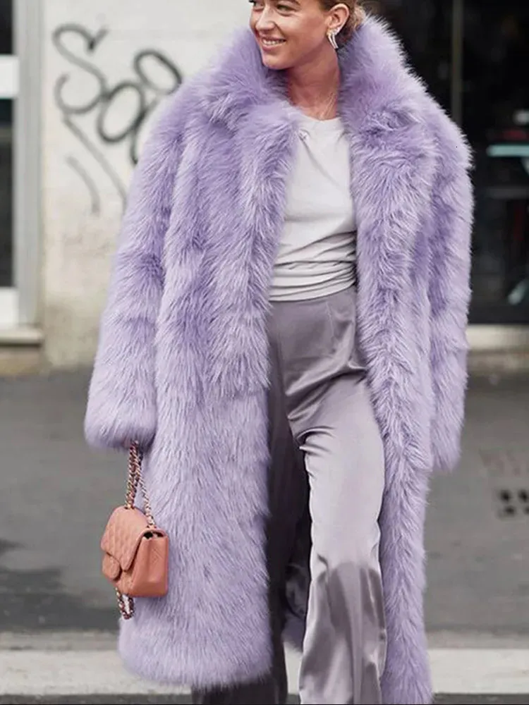 Wełniane mieszanki damskiej Faux Fur Płaszcz Kobiety zagęszczanie luksusowego długiego pełnego rękawu szerokie klapy kobiety płaszcze 2023 zima moda solidna ciepłe lady 231211