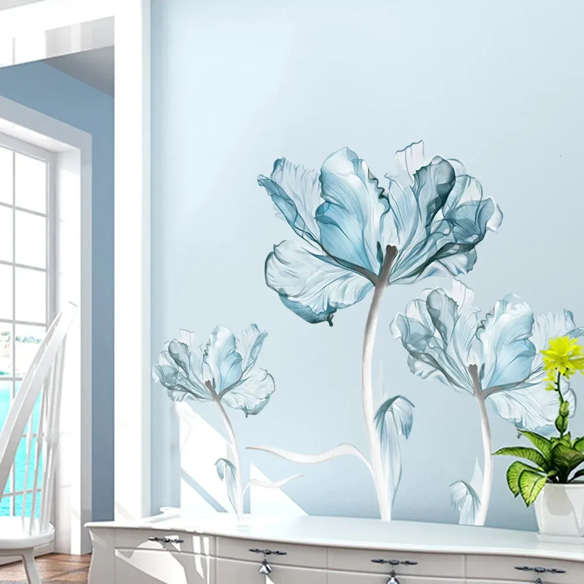 Adesivos de parede flor azul casa sala de estar decoração quarto papel adesivo móveis porta casa decoração interior 231211