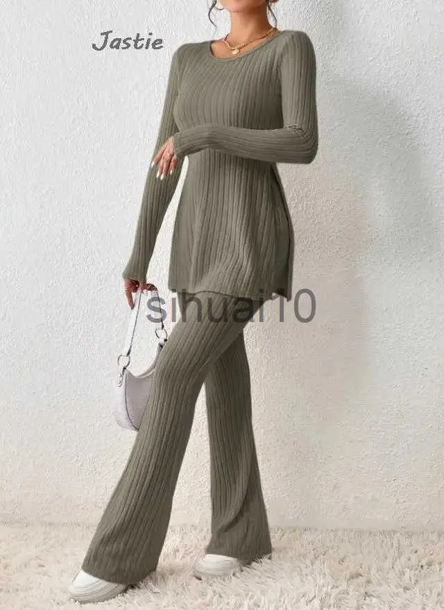 Women's Two Piece Pants Pit Stripe Knit Flare Pant Set Slim Long Sleeve Pullover T-shirts Two Piece Set For Women Solid Simple Sweatershirt Suit Home J231211