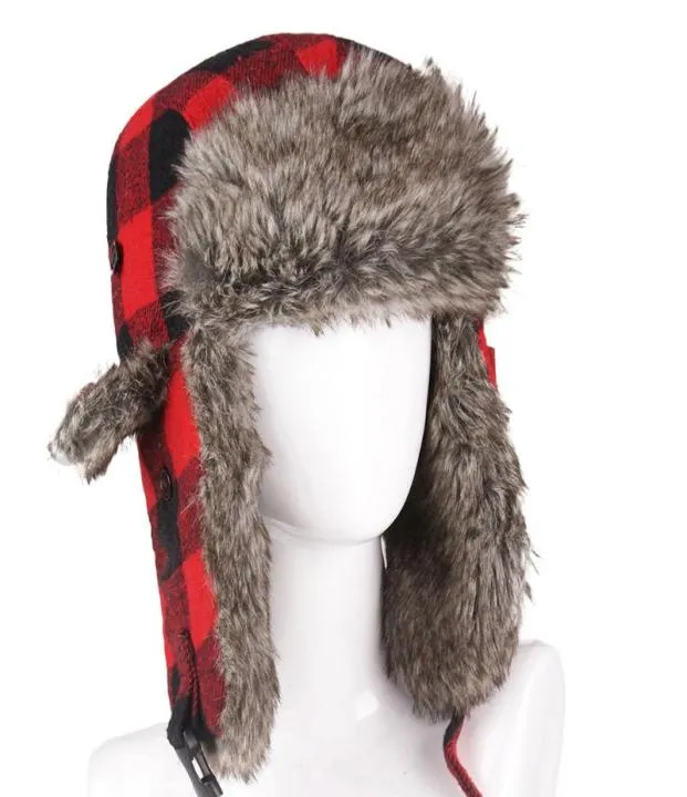 ユニセックス冬のトラッパー帽子格子格首格いいプリントぬいぐるみ裏地Ushanka Earflap Cap Men Men Hats Warm5013197