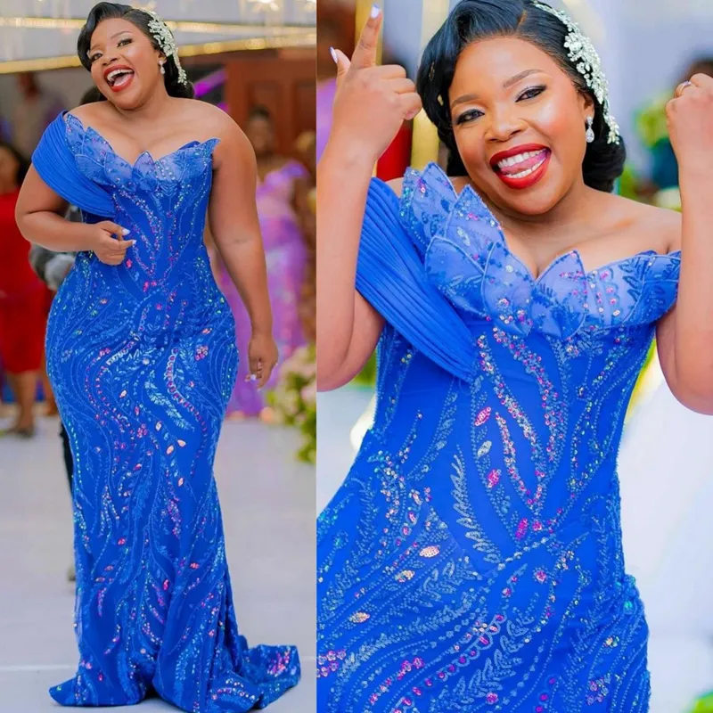 Plus Size Aso Ebi Evening Dresses Mermaid Blue One Shoulder Promdress for Black Women Lace Tulle Prom Birthday Party Gowns Second Reception Engagement Gown ST600